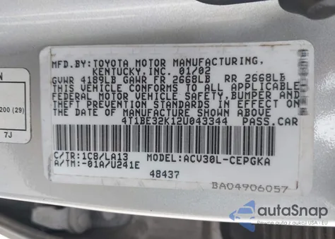 2002 Toyota Camry Xle z USA, uszkodzony, nr VIN 4T1BE32K12U043344